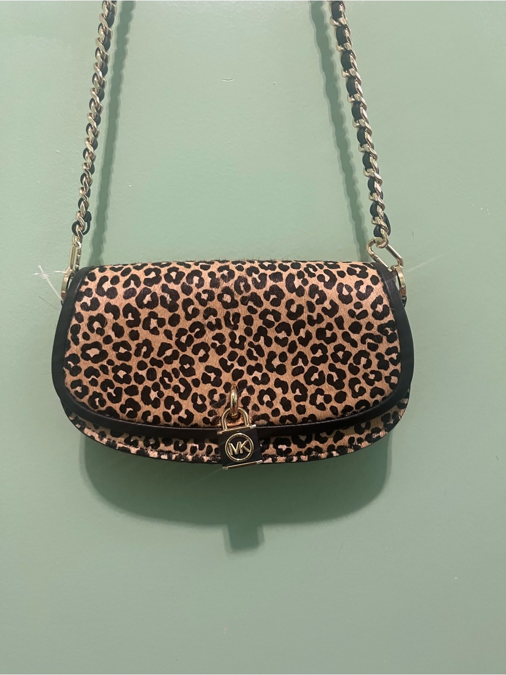 Michael Kors Leopard Print Crossbody in Tan and Black with Gold Chain